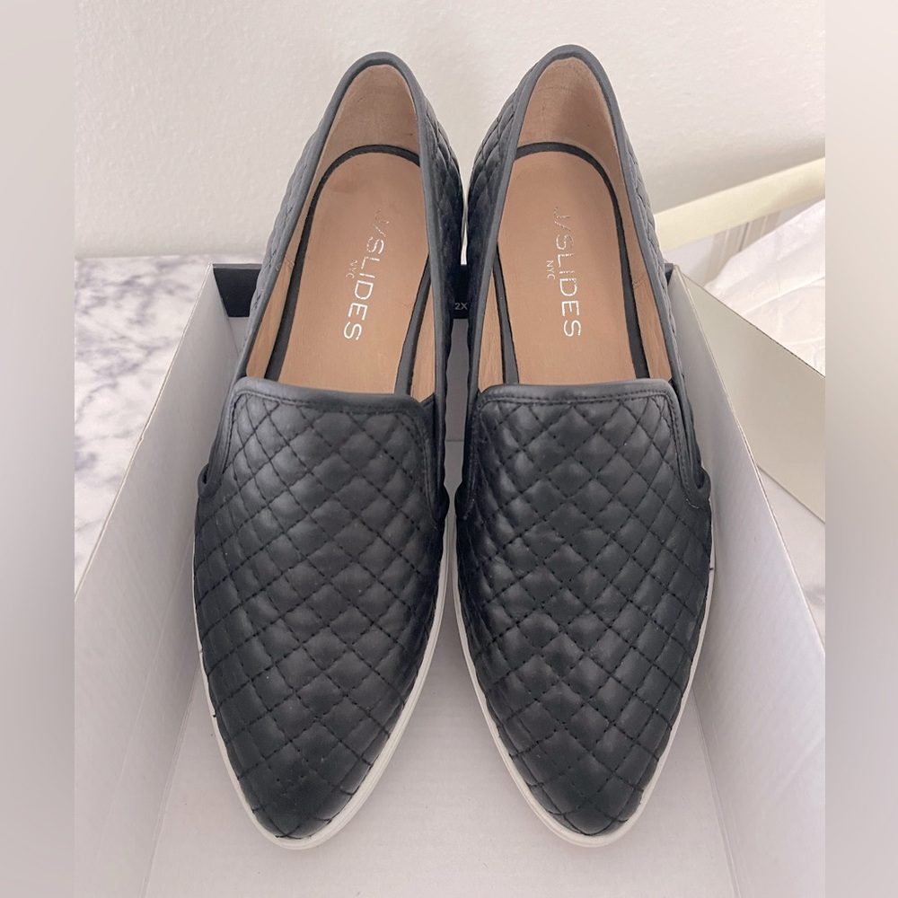Black quilted slide on sneakers flats JS slides NYC size 6.5